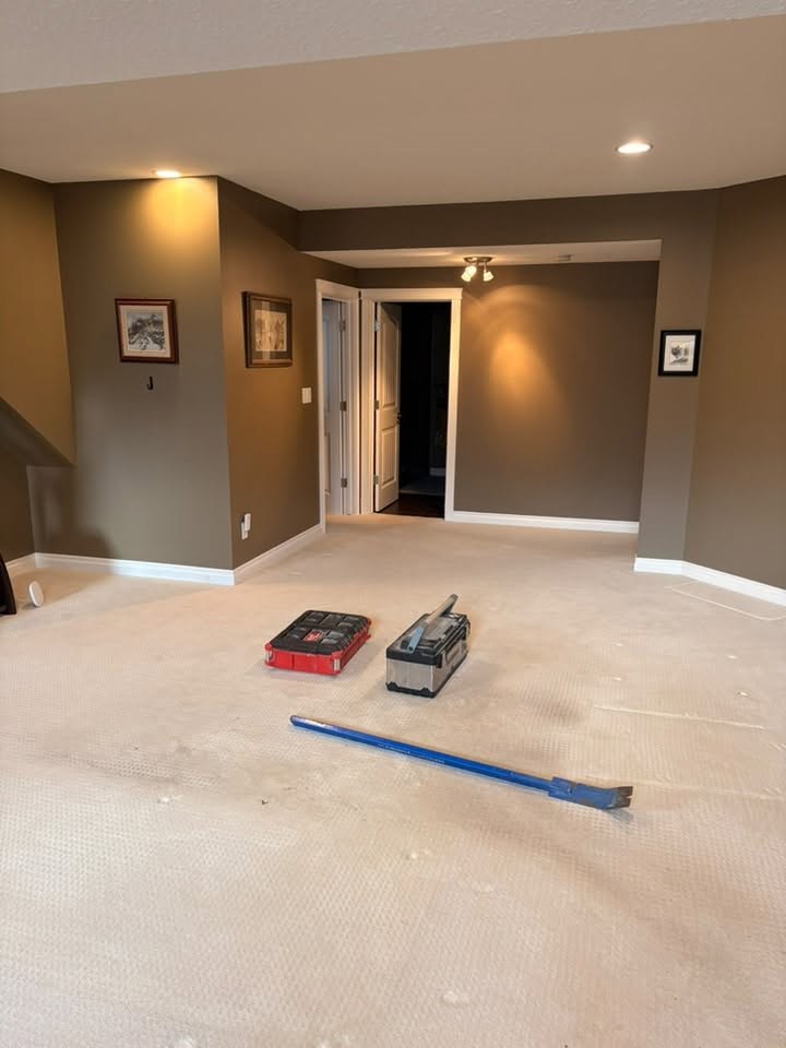Carpet tear-out in progress before a vinyl click install