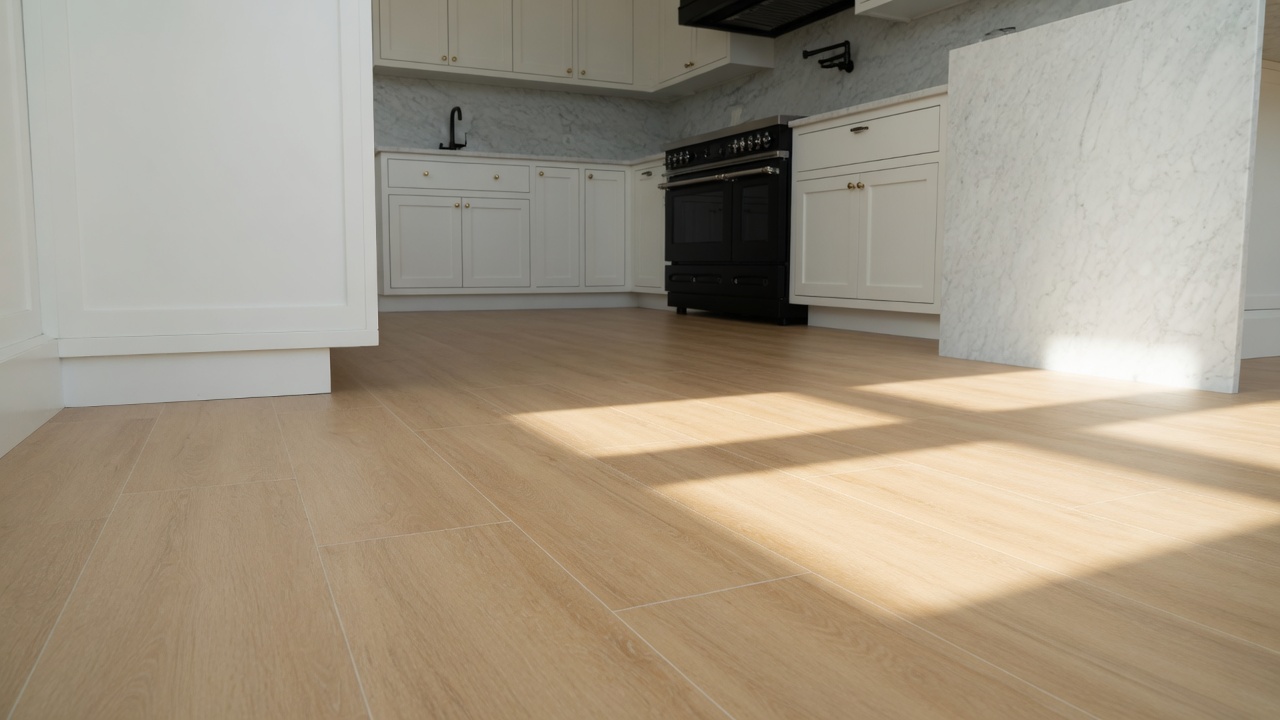 Sunlit kitchen with new light oak vinyl plank flooring