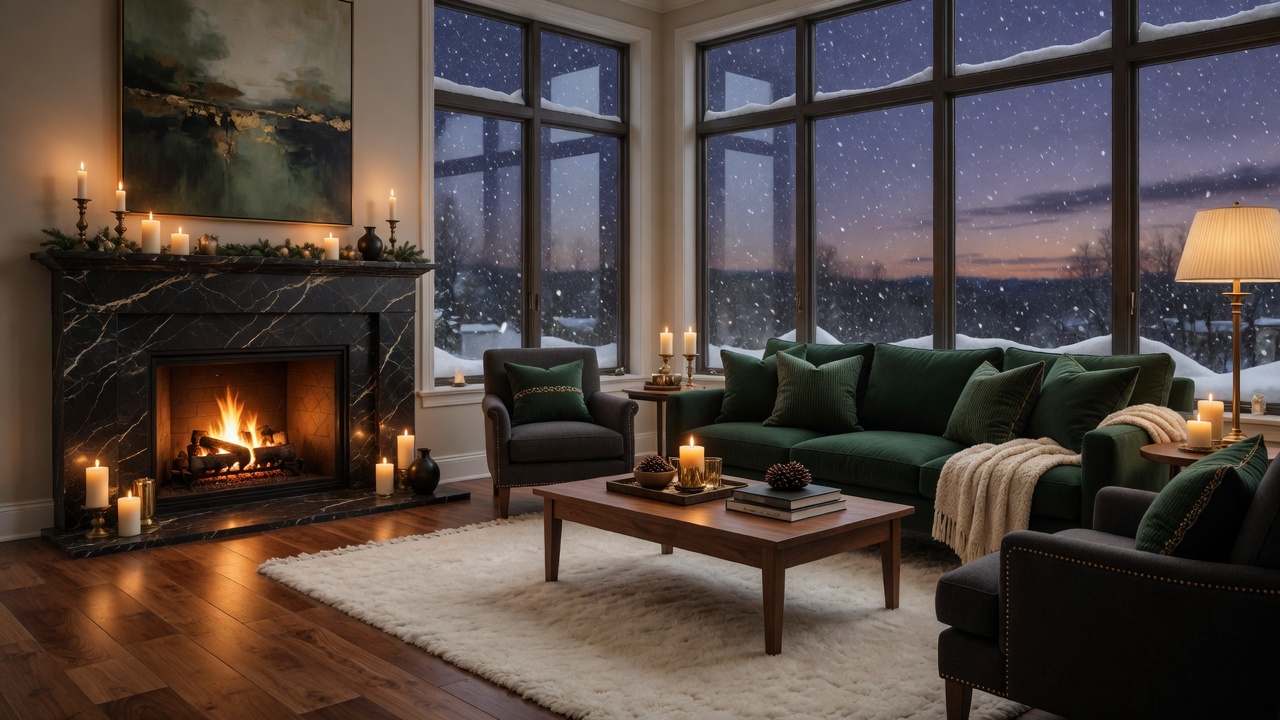 Cozy winter living room with hardwood floors and snowfall outside